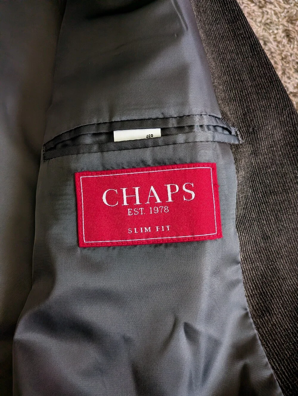 NWT Chaps Slim Fit Grey Cotton Corduroy 2-Button Blazer Jacket Men's 46R